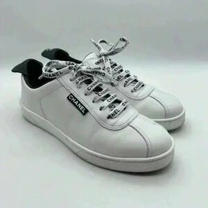Chanel White Leather Casual Sneakers: Women's Size 36.5 Logo Laces CC